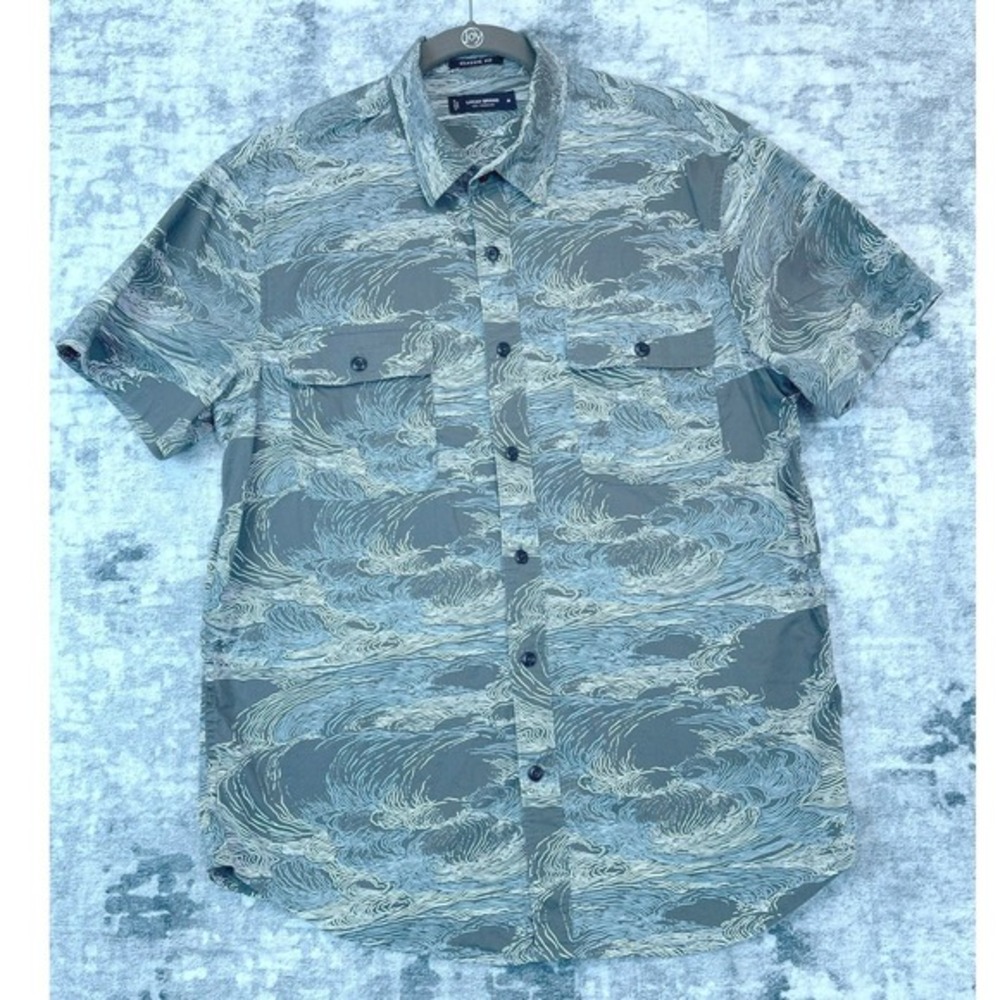 Lucky Brand Men's Shirt Med Green Blue Wave Print Stretch Short Sleeve Button Up